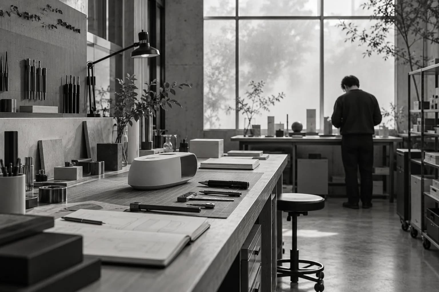 An illustrative prototyping studio with tools and a workbench